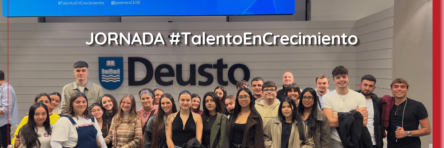 Alumnado del Colegio Santa María de Artagan posando junto al logotipo de la Universidad de Deusto durante su asistencia a la jornada Talento en Crecimiento